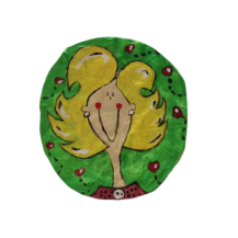BROCHE CIRCULO VERDE Y CHICA RUBIA  (DIAM. 5,5 CM)