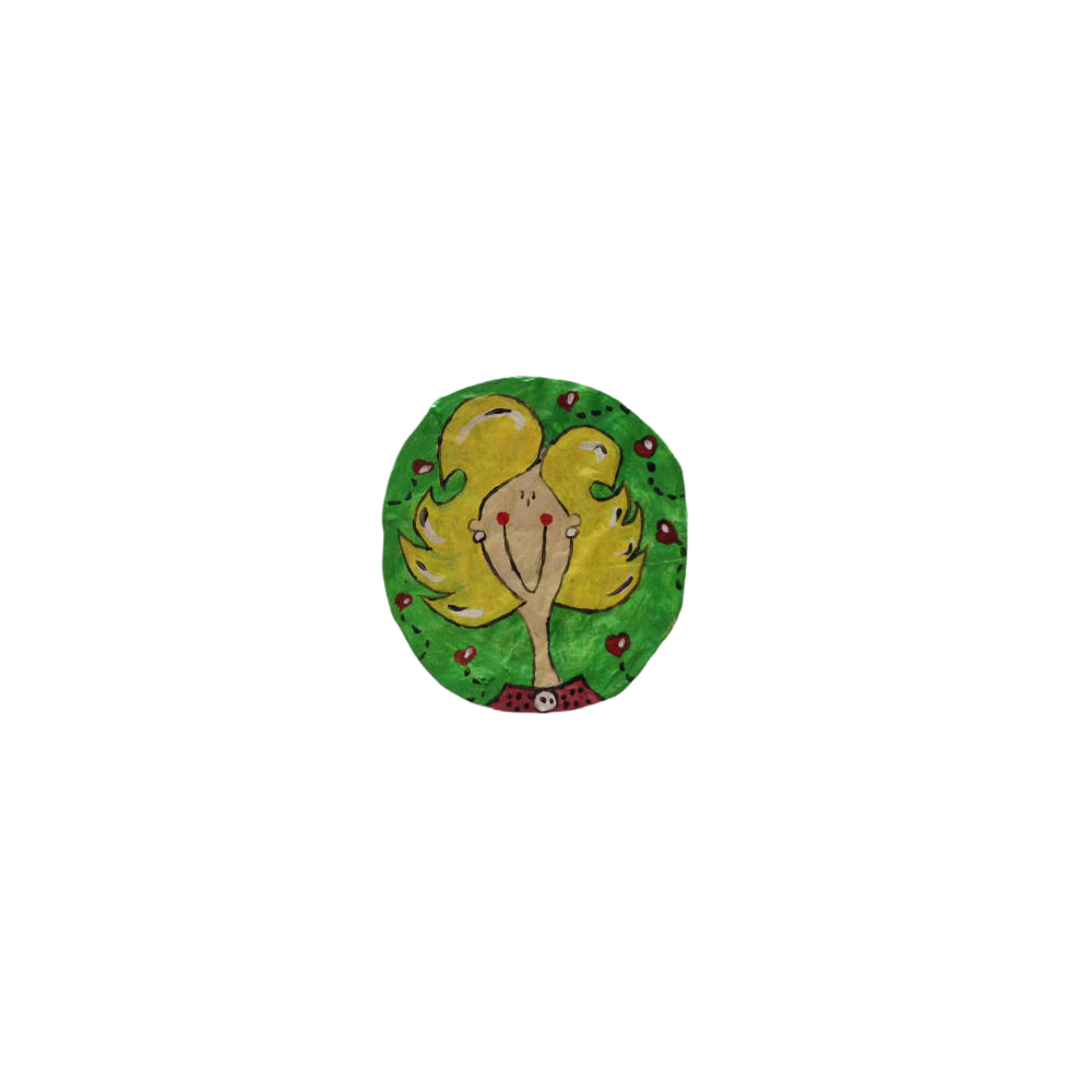 BROCHE CIRCULO VERDE Y CHICA RUBIA  (DIAM. 5,5 CM)