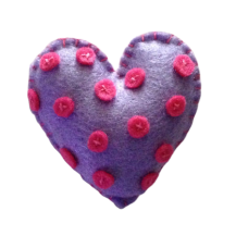 BROCHE CORAZON PURPURA CON TOPOS ROSA  (6X6,5 CM)